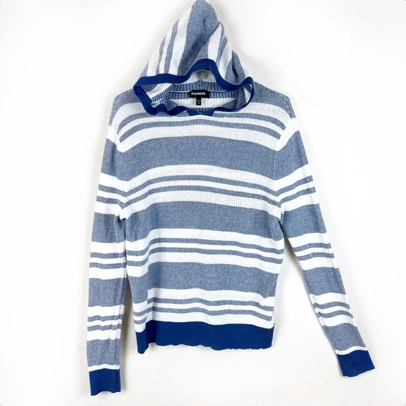 Express Striped Beachy Coastal Sweater Hoodie Cotton Blue White Classic Preppy M - Picture 1 of 9